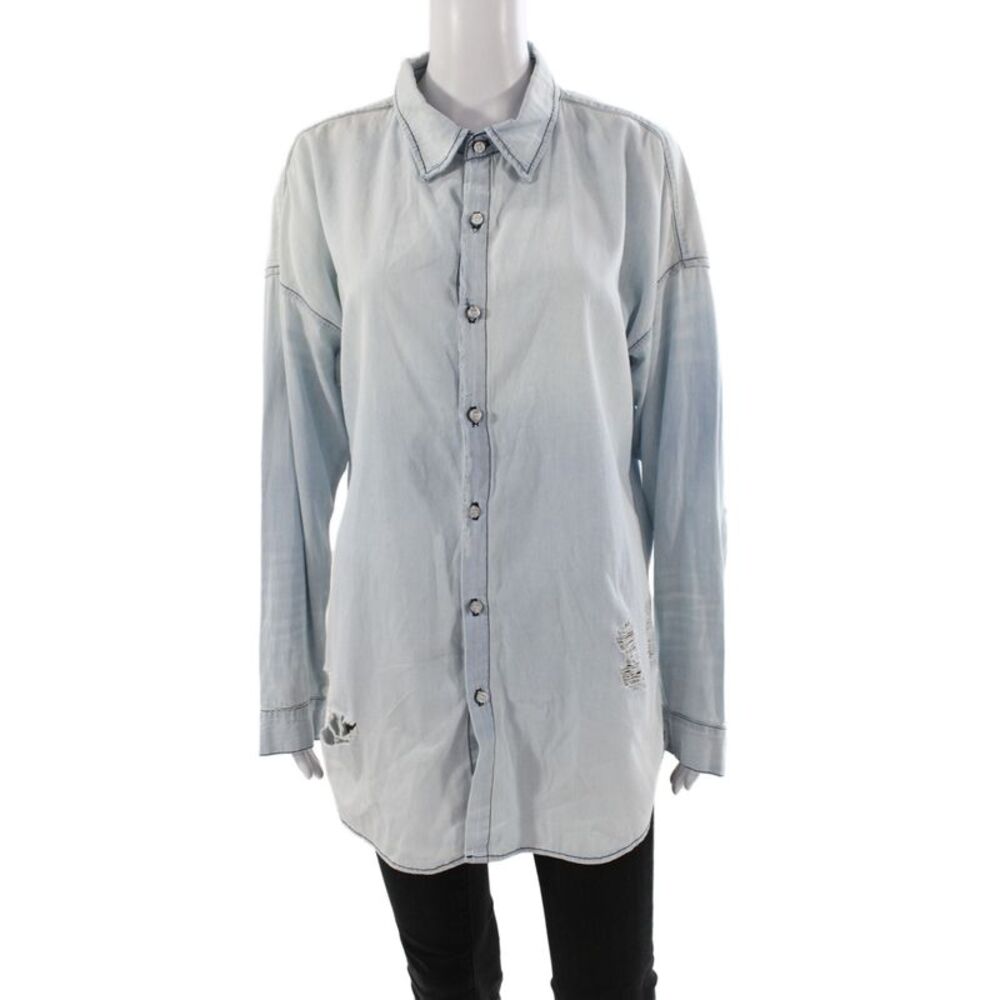 NSF Womens Collared Tunic Button-Up Blue Cotton Long Sleeve Distressed Size S